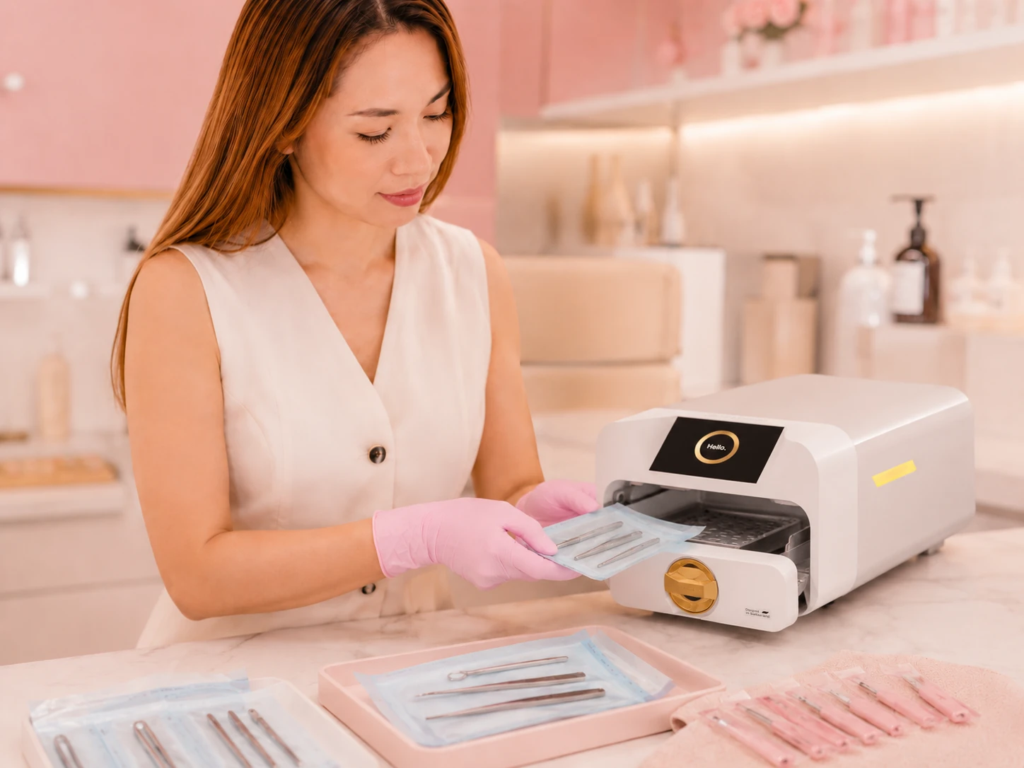 Symbolbild: hygienische Aufbereitung von Beauty-Werkzeugen in einem hellen Studio